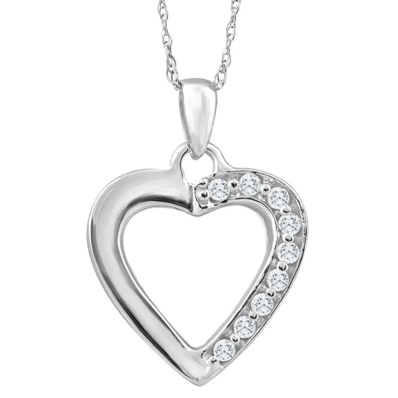 10K White Gold 1/10Ct Tw Diamond Small Heart Pendant Necklace 1" Tall 1