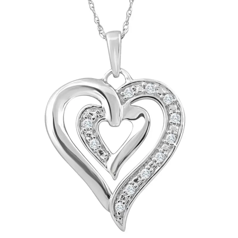 10K White Gold 1/10Ct Tw Real Diamond Heart Pendant Necklace 1
