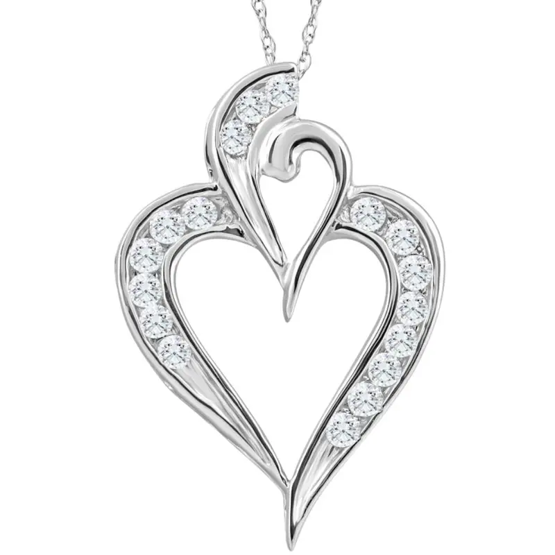 10K White Gold 1/2Ct Tw Real Diamond Heart Pendant Necklace 1" Tall 1