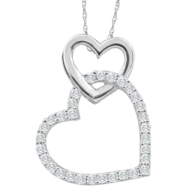 10K White Gold 1/4Ct Tw Diamond Small Heart Pendant Necklace 1" Tall 1