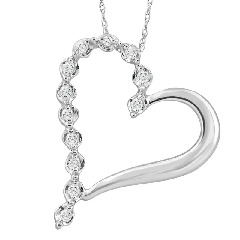 10K White Gold 1" Tall Diamond Heart Pendant Women's Necklace 1