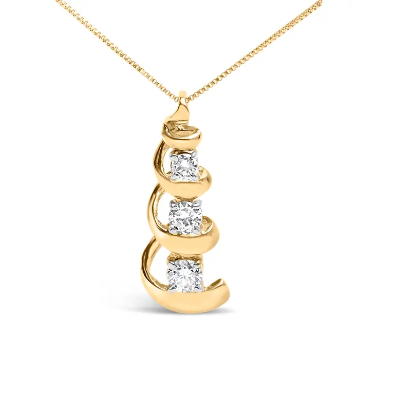 10K Yellow Gold 1/4 Cttw Diamond 3 Stone Swirl And Drop Pendant Necklace 1