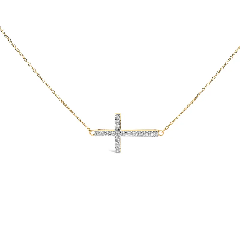 10K Yellow Gold 1/5 Cttw Diamond Sideways Cross Pendant Necklace 1