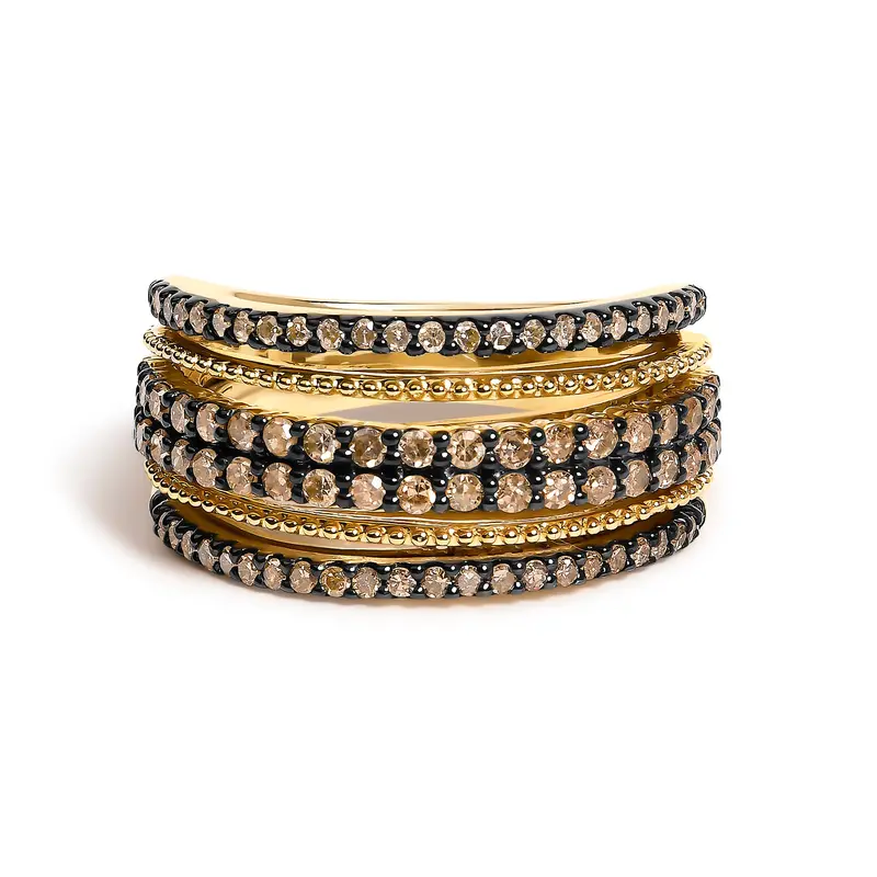 10K Yellow Gold Plated Sterling Silver 1.00 Cttw Champagne Diamond Multi Layer Band Ring 1