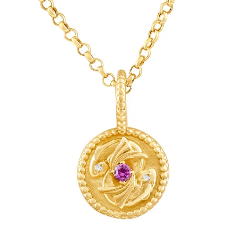 10K Yellow Pink Sapphire & Diamond Pisces Charm Pendant Women's Necklace 19Mm 1