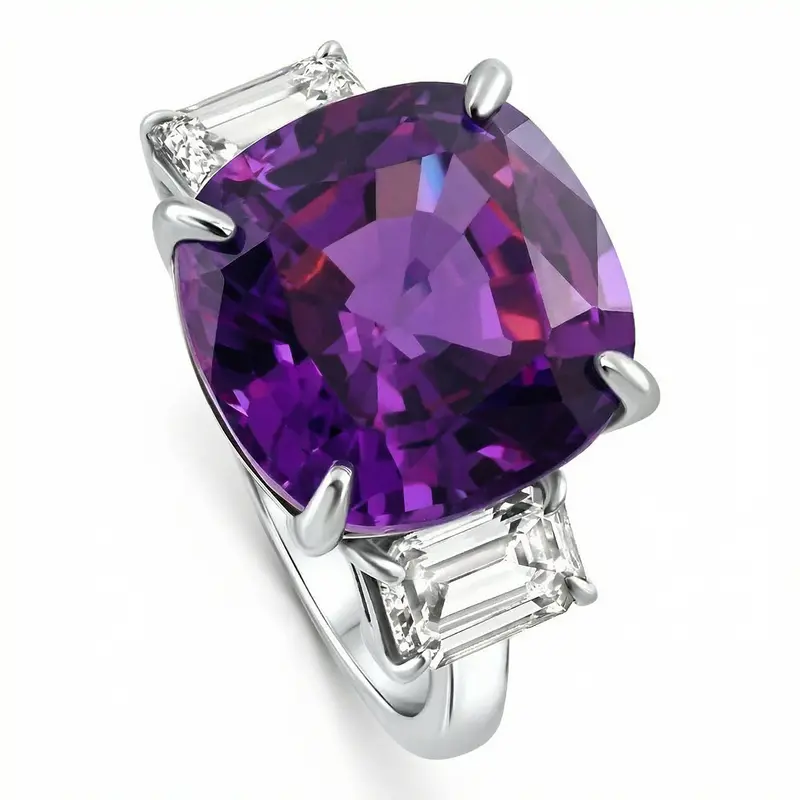 11.90Ct Cushion Amethyst & Emerald Cut Diamond Ring 14K White Gold Lab Grown Size: 7 1