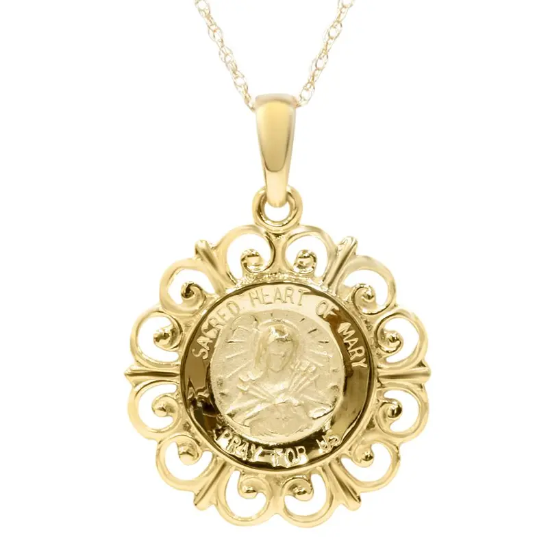 14 Karat Yellow Gold Miraculous Mary Religious Pendant Necklace 1" Tall 1