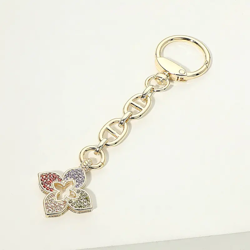 14K Gold Plated Colorful Cz Pave Floral Drop Keychain Bag Charm 1