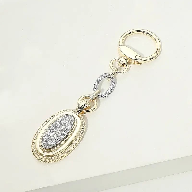 14K Gold Plated Two Tone Cz Pave Oval Drop Keychain Bag Charm 1