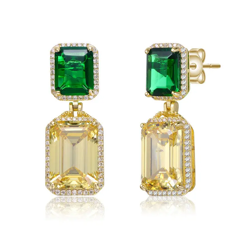 14K Gold Plated With Emerald Cubic Zirconia Drop Earrings 1