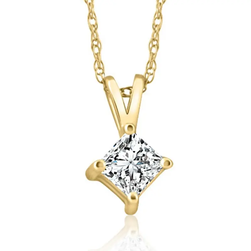 14K Gold Princess Cut 3/8Ct Diamond Solitaire Pendant Enhanced 1
