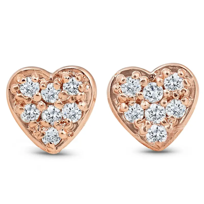 14K Rose Gold Diamond Pave Petite Heart Studs Dainty High Polished 5.7Mm 1