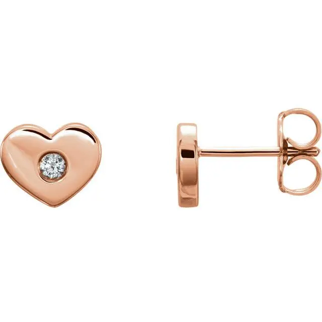 14K Rose Gold Diamond Solitaire Heart Studs High Polished 7Mm 1