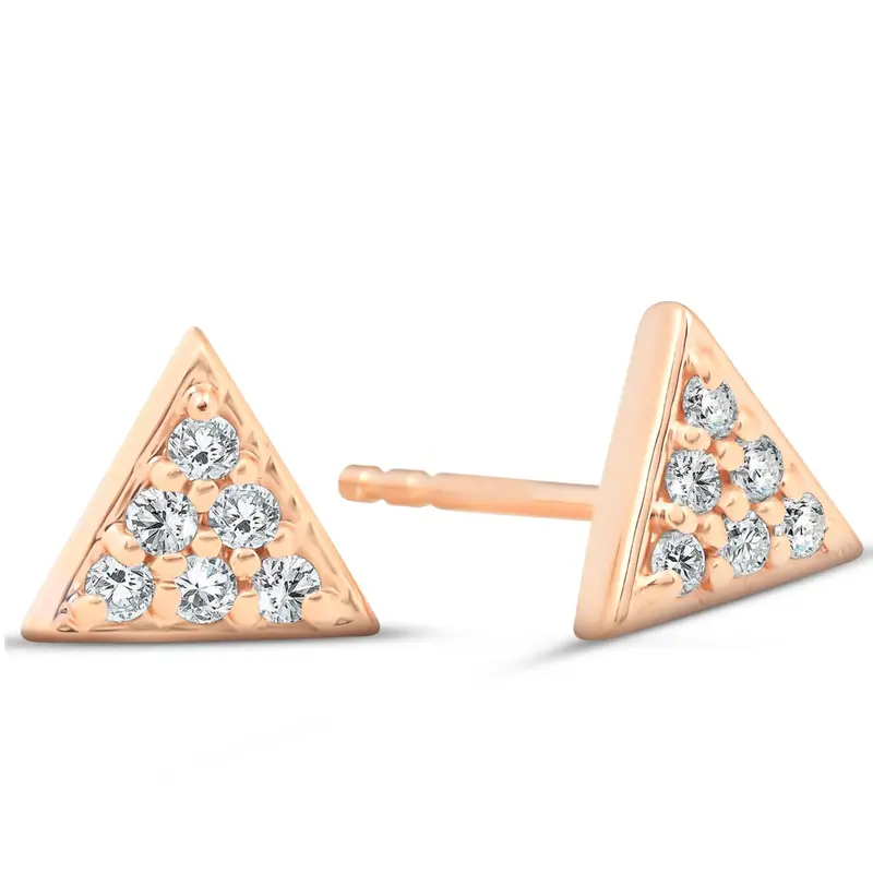 14K Rose Gold Triangle Pave 1/10Ct Diamond Studs Womens Earrings 1