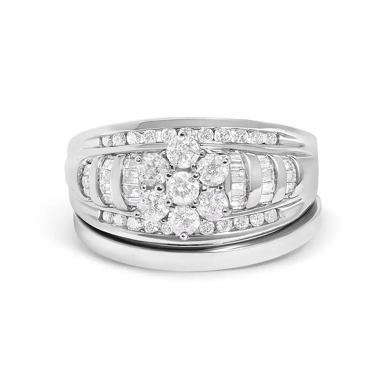 14K White Gold 1.0 Cttw Round And Baguette Diamond Cluster Bridal Set 1