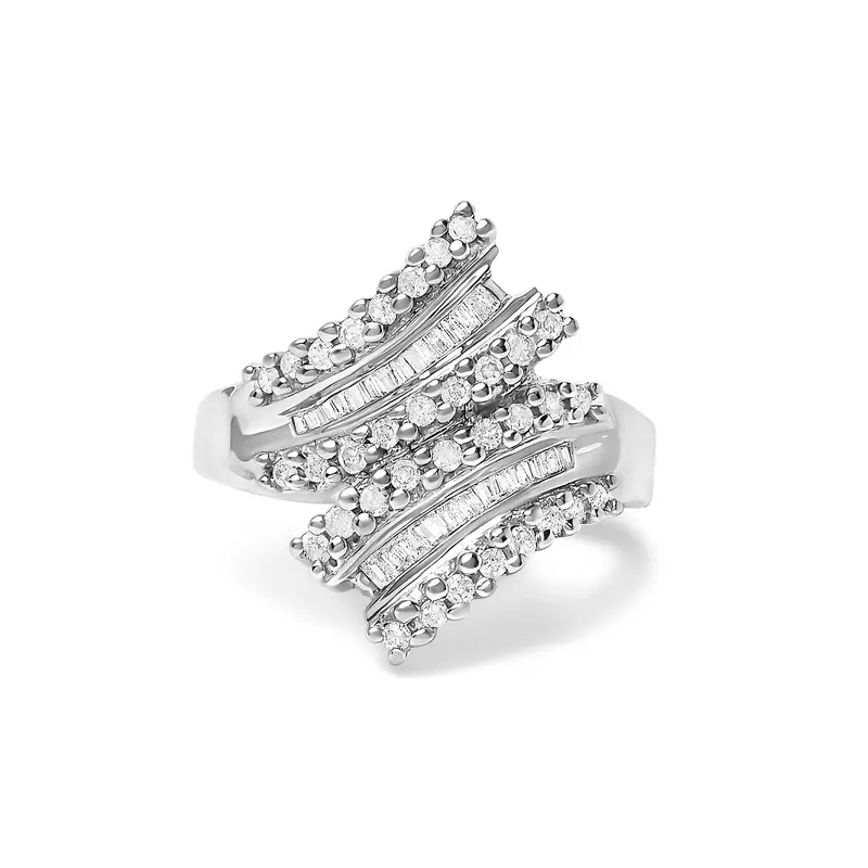 14K White Gold 1/2 Cttw Round And Baguette Diamond Swirl Cocktail Ring 1