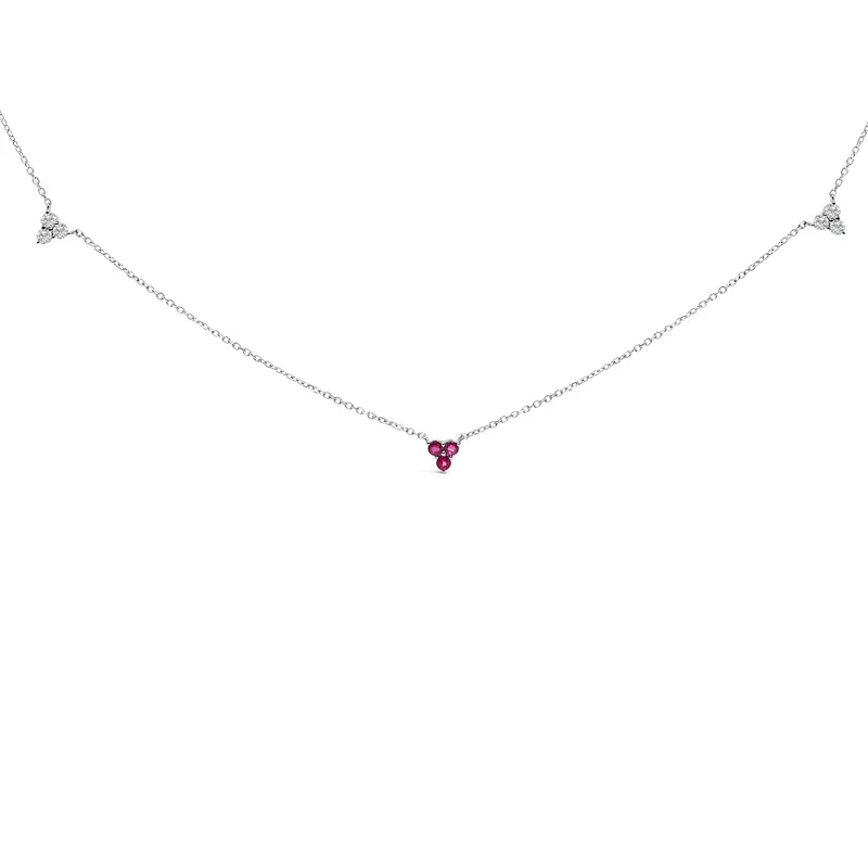 14K White Gold 1/5 Cttw Diamond And Ruby Tri Station Necklace 1