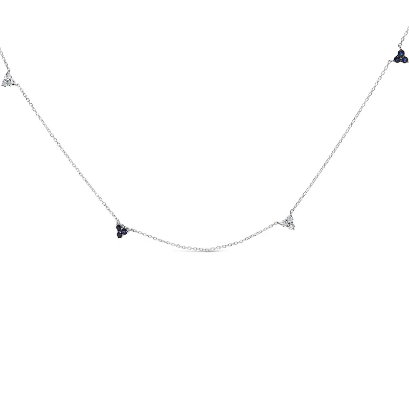 14K White Gold 1/5 Cttw Diamond And Sapphire Trio Cluster Station Necklace 1