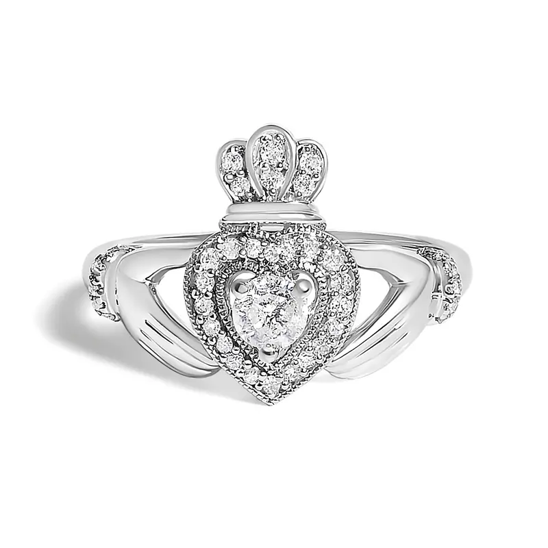 14K White Gold 3/8 Cttw Diamond Claddagh Heart Ring 1