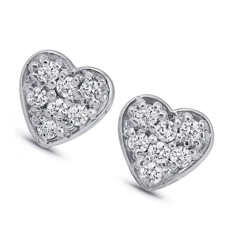 14K White Gold Diamond Pave Small Heart Studs Dainty High Polished 5.7Mm 1