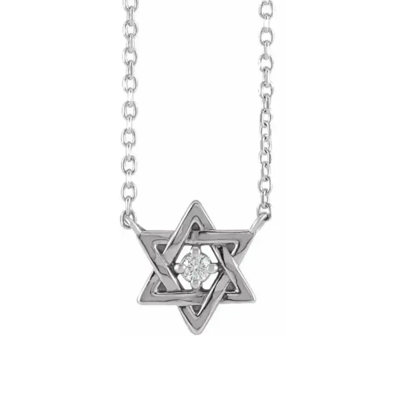 14K White Gold Star Of David Diamond Solitaire Pendant 18" Necklace 1
