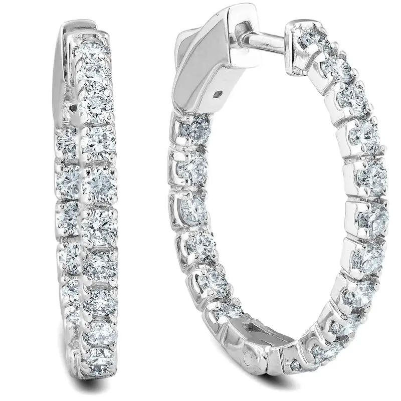 14K White Or Yellow Gold 1Ct Tw Round Natural Diamond Hoops 1" Tall 1