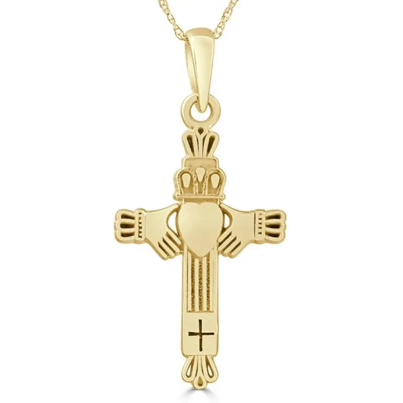 14K White Or Yellow Gold Gold Celtic Cross Claddagh Pendant Necklace 1" Tall 1