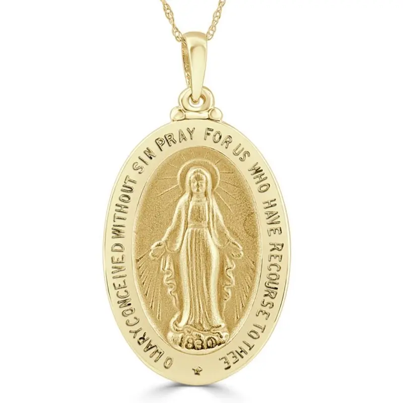 14K White Or Yellow Gold Mother Mary Pray For Us Pendant Necklace 1" Tall 5Grams 1