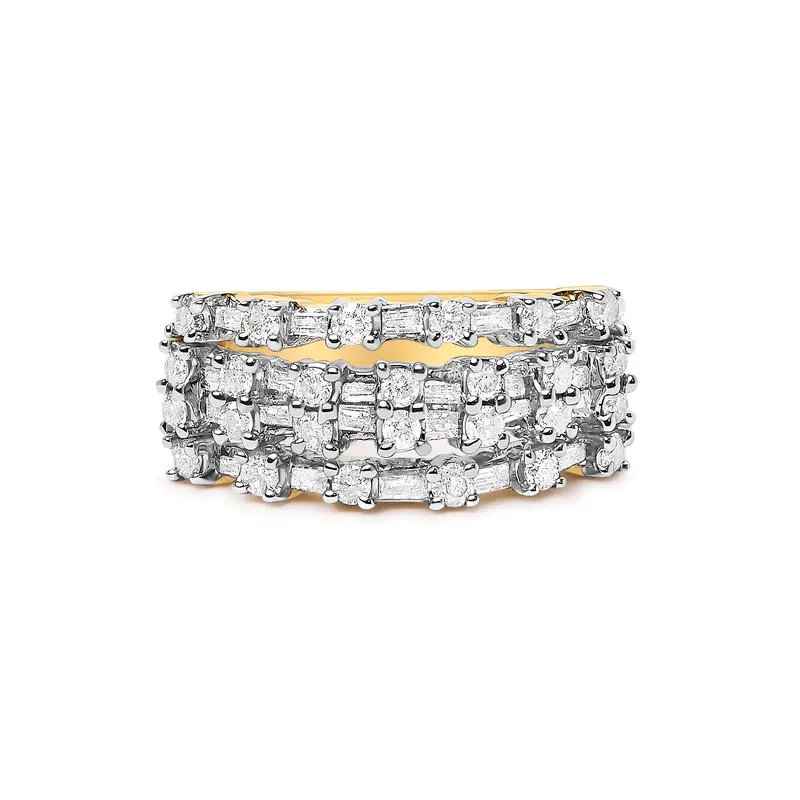 14K Yellow Gold 1.0 Cttw Round And Baguette Diamond Multi-Row Band Ring 1