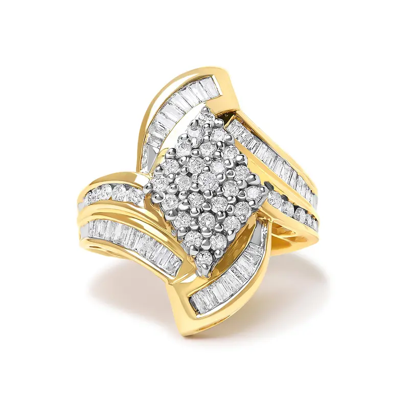 14K Yellow Gold 1-1/3 Cttw Round And Baguette Diamond Bypass Cocktail Ring 1