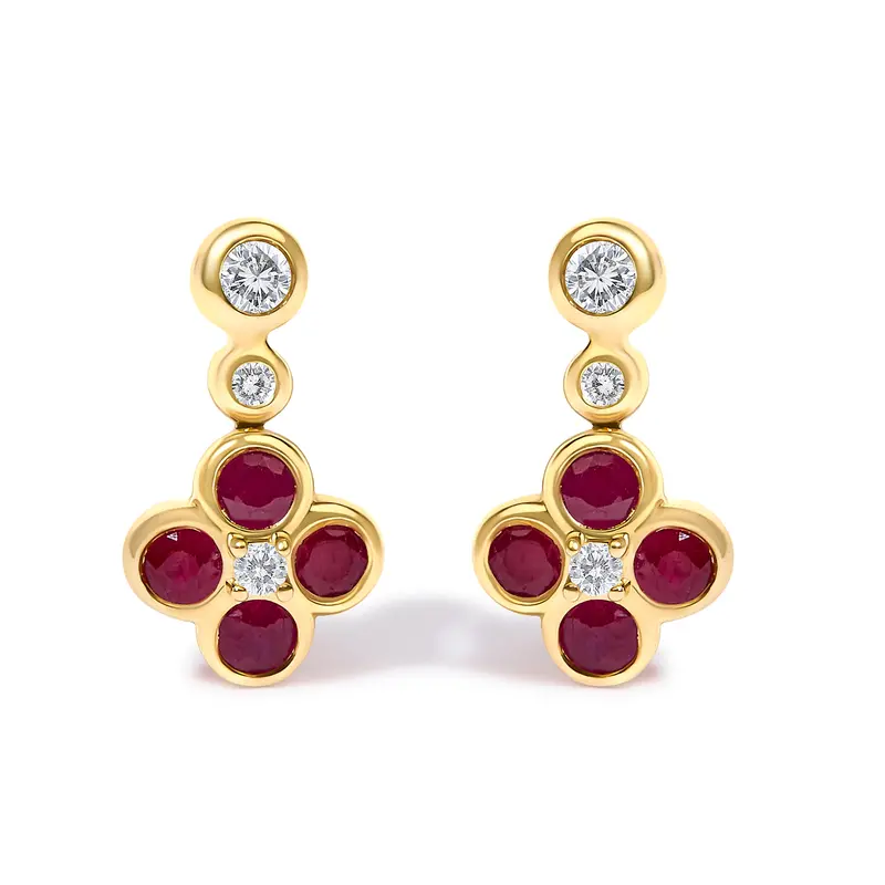 14K Yellow Gold 1/10 Cttw Diamond And  Ruby Floral Dangle Earrings 1