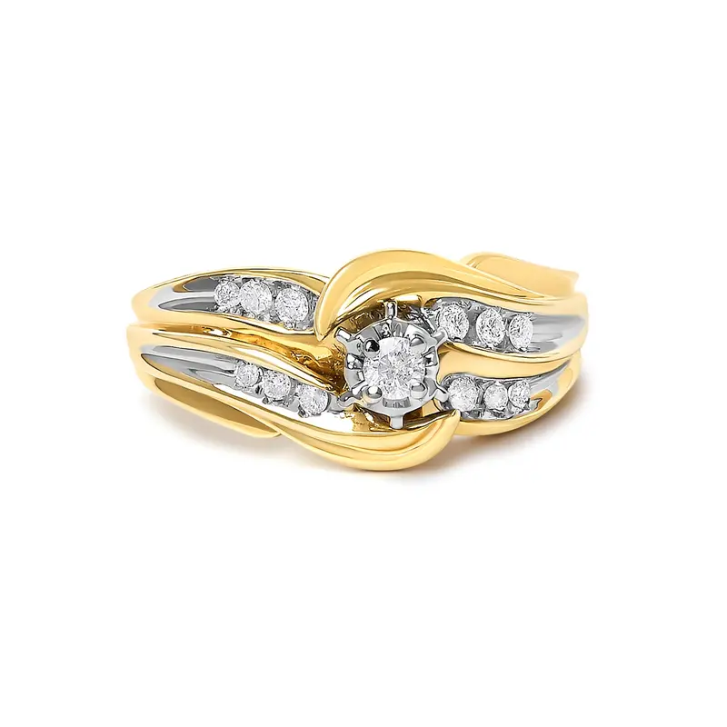 14K Yellow Gold 1/4 Cttw Round Diamond Wave Motif Bypass Ring 1