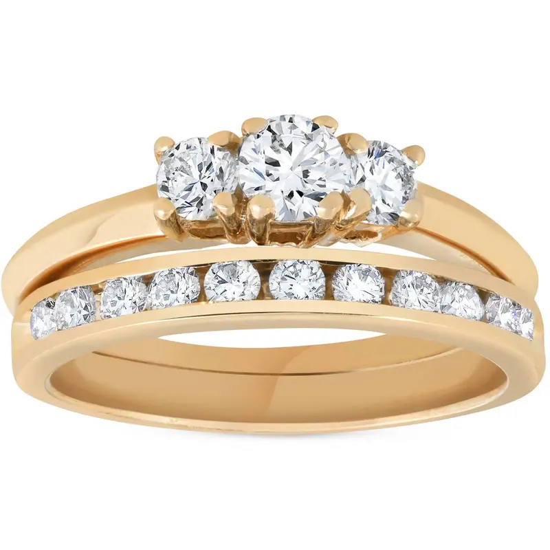 14K Yellow Gold 1Ct Diamond Engagement Wedding Ring Set 3Stone Channel Set Round Size Selectable 1