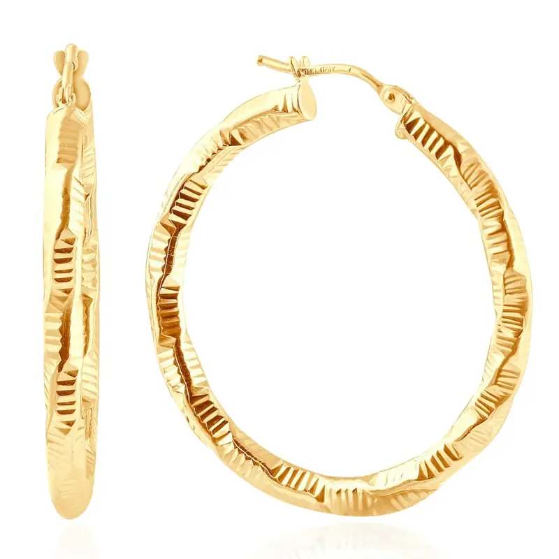 14K Yellow Gold 3Mm Designer Hoops Women's Earrings 1 1/2" Tall 1.5Grams 1