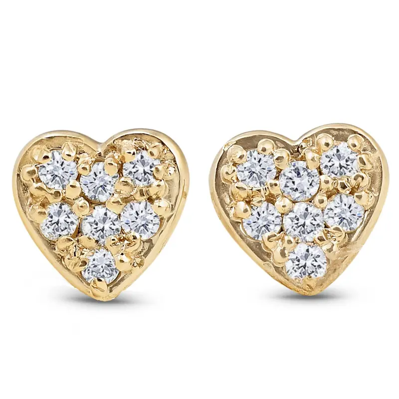 14K Yellow Gold Diamond Pave Petite Heart Studs Dainty High Polished 5.7Mm 1