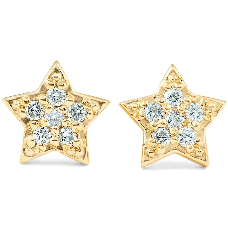 14K Yellow Gold Diamond Pave Petite Star Studs Dainty High Polished 6.5Mm 1