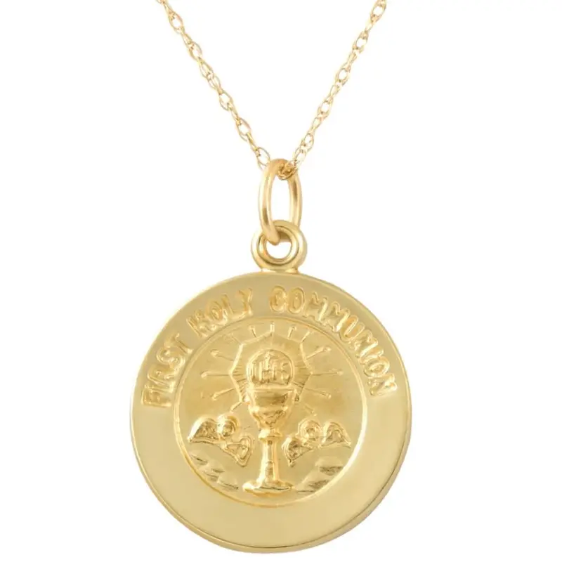 14K Yellow Gold First Holy Communion Medal Pendant .5" Tall 1.5 Grams 1
