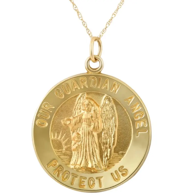 14K Yellow Gold Guardian Angel Medal Pendant 1" Tall 3.5 Grams 1
