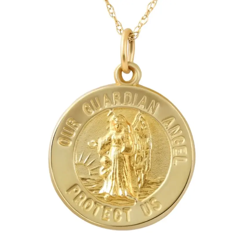 14K Yellow Gold Guardian Angel Medal Pendant .5" Tall 2 Grams 1