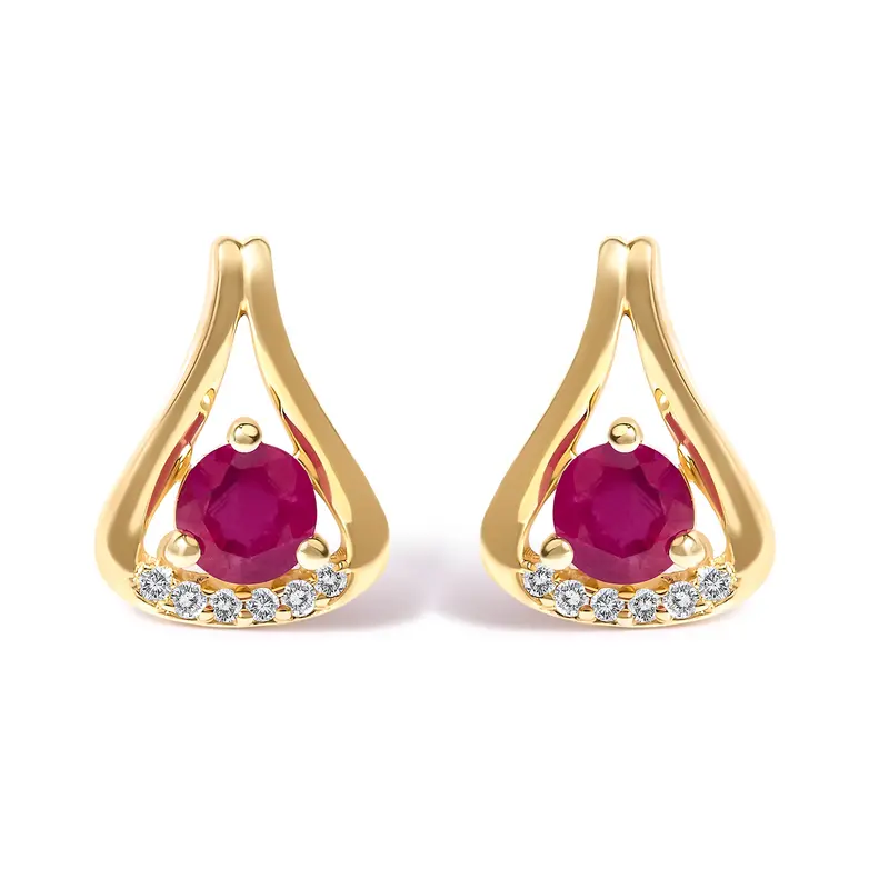 14K Yellow Gold Red Ruby And Diamond Accent Teardrop Stud Earrings 1