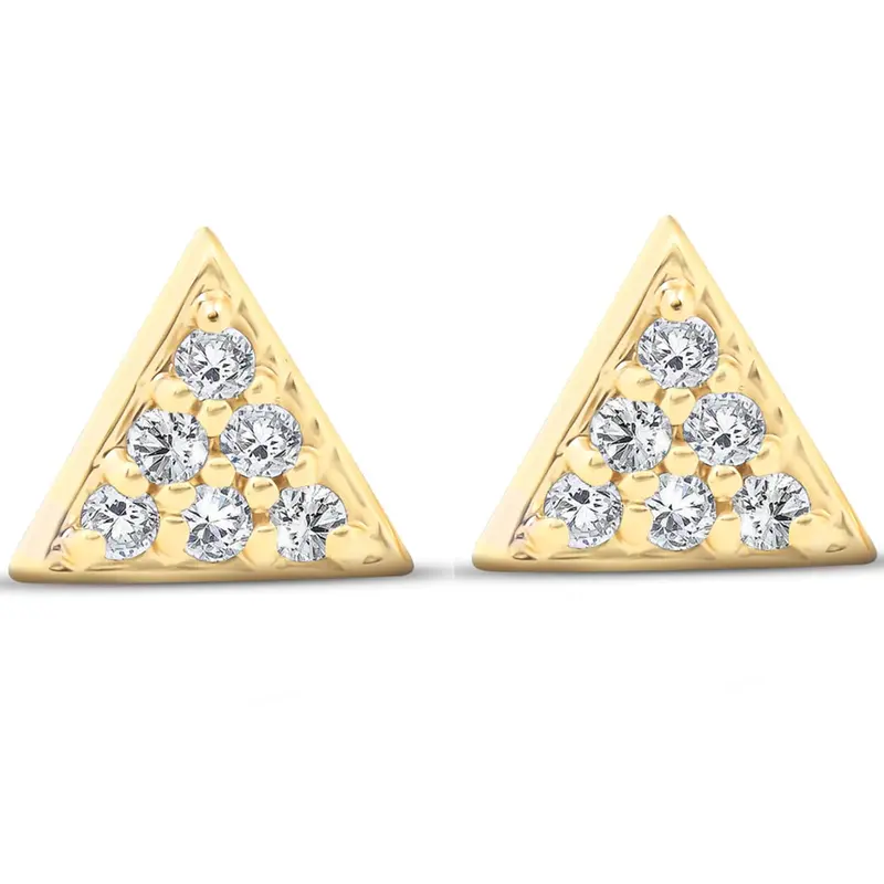 14K Yellow Gold Triangle Pave .12Ct Diamond Delicate Studs Womens Earrings 1