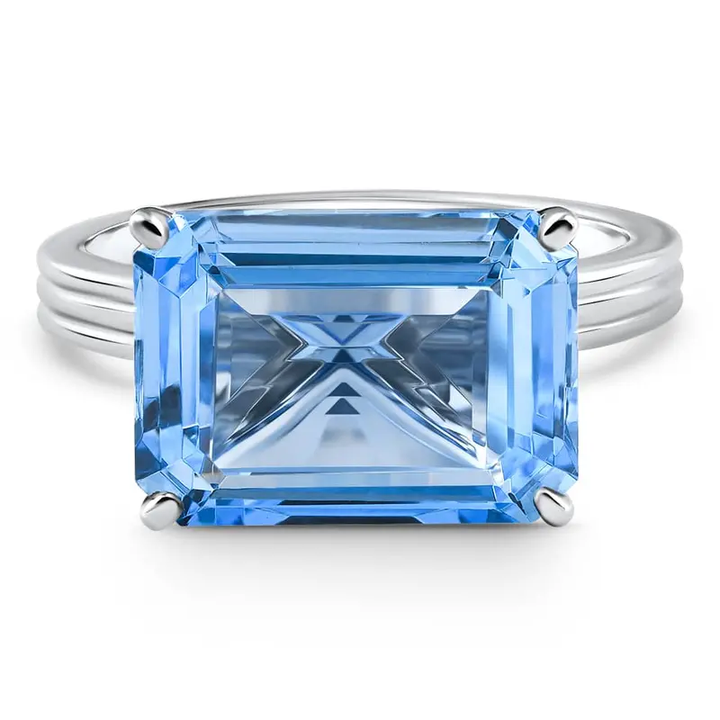 14X10mm Emerald Cut East To West Blue Topaz Solitaire Ring White Gold 1