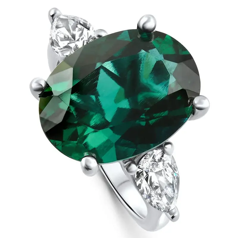 16X12mm Emerald & 1Ct Pear Shape Diamond Ring 14K Gold Lab Grown 1