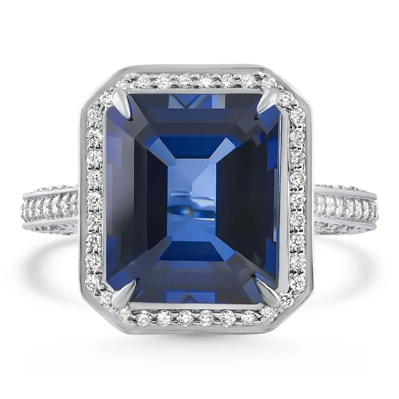 17.45Ct Emerald Cut Blue Sapphire Diamond Ring 14K White Gold Lab Grown Size: 6.5 1