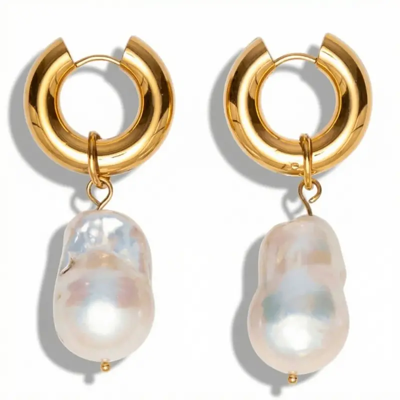 18K Yellow Gold Plated 2" Fresh Water Pearl Hoops 1