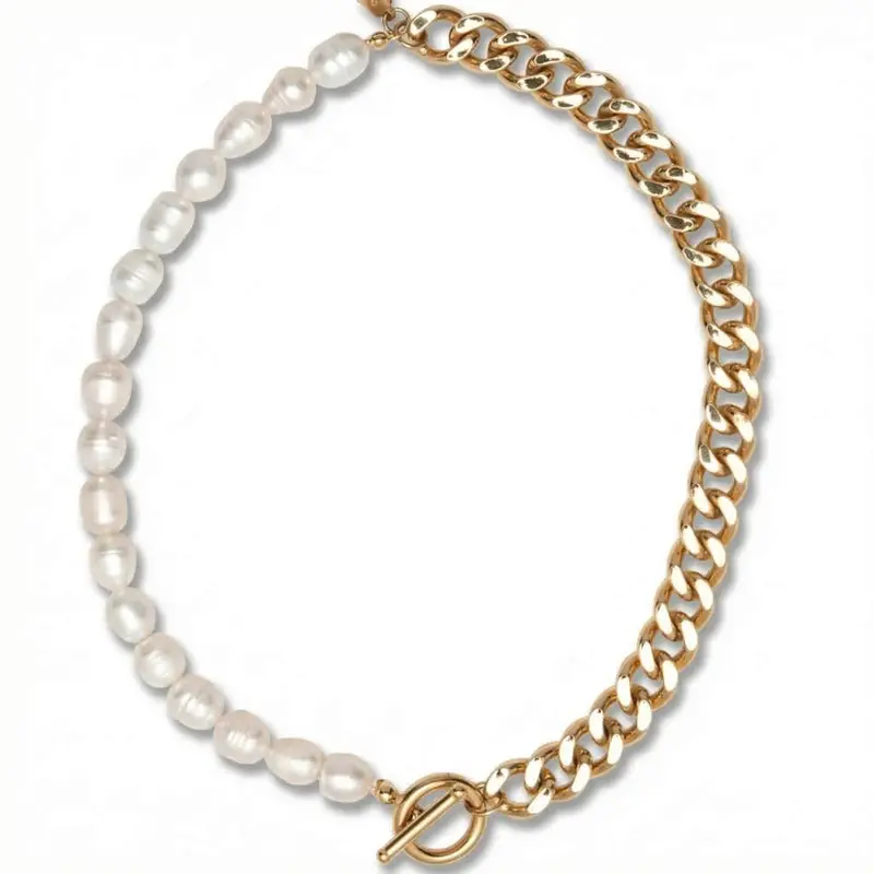18K Yellow Gold Plated Fresh Water Pearl And Curb Link Necklace 18" Toggle Clasp 1