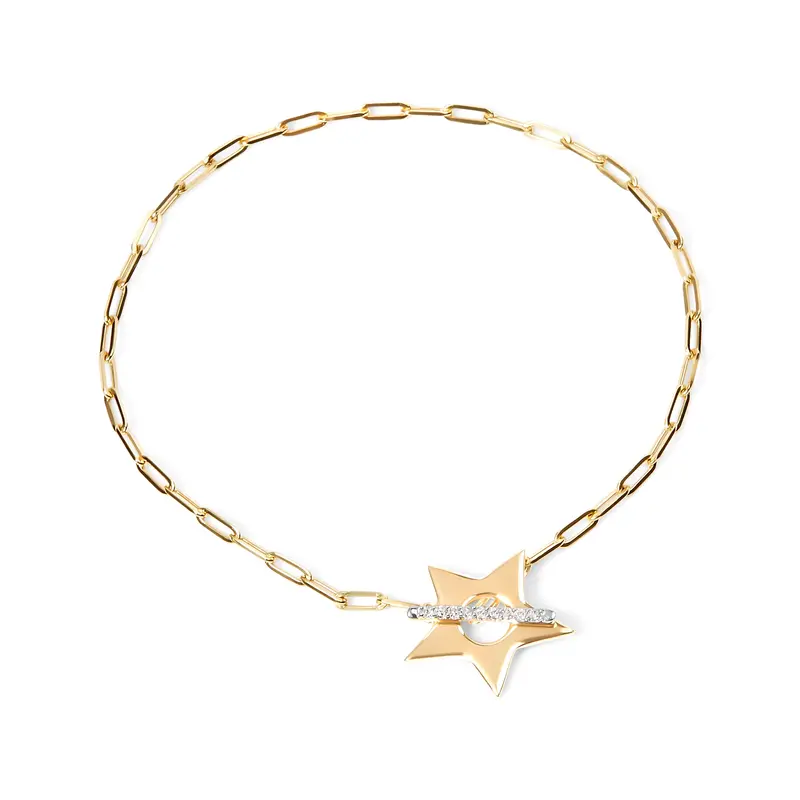 18K Yellow Gold Plated Sterling Silver Diamond Accent Star Charm Paperclip Chain Bracelet 1