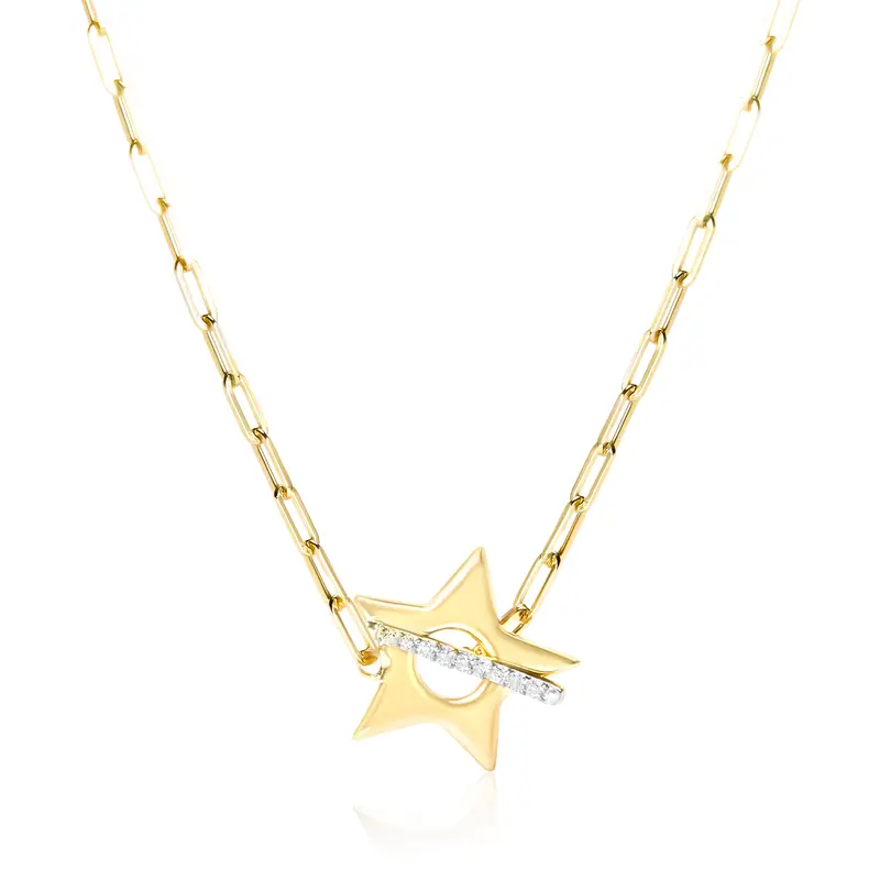 18K Yellow Gold Plated Sterling Silver Diamond Accent Star Pendant Necklace With Paperclip Chain 1