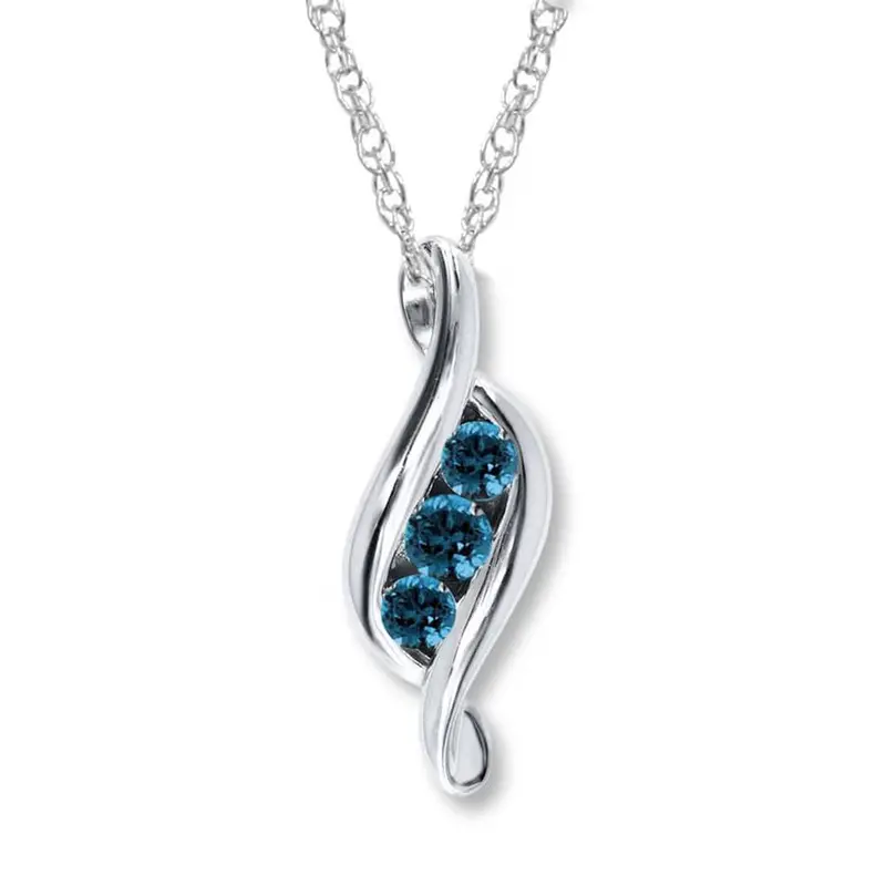 1Ct 3 Stone Blue Diamond Pendant 14K White Gold 1