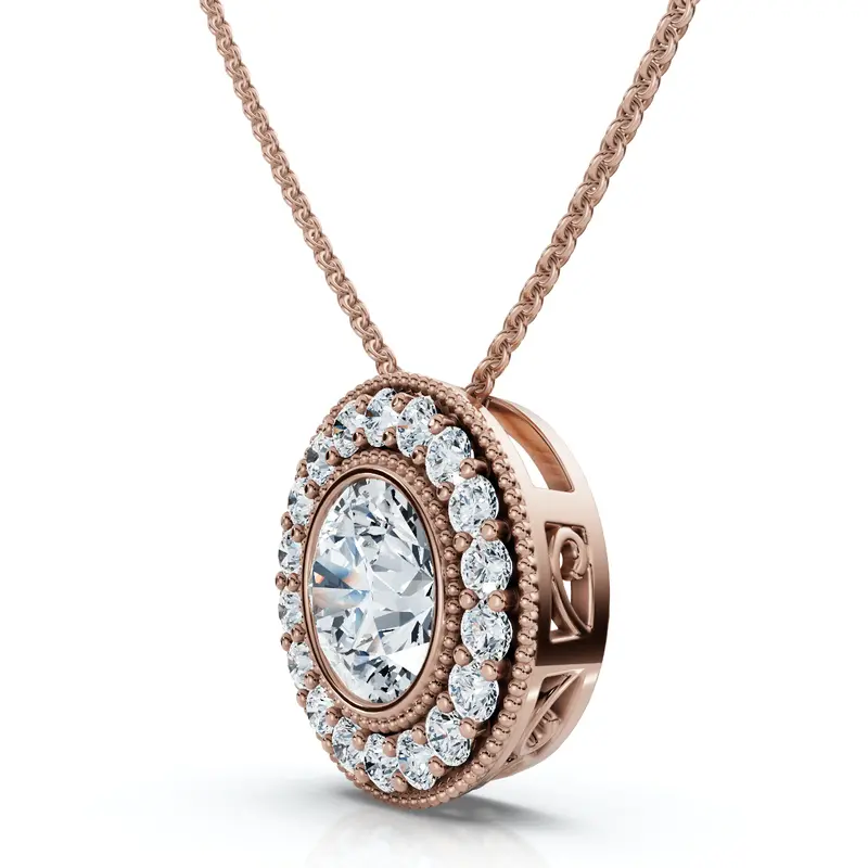 1Ct Beverly Diamond Halo Bezel Pendant 14K Gold 18" Necklace Lab Grown 1